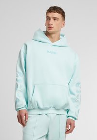 Sudadera azul claro hecha de tela suave, con un bolsillo delantero, puños acanalados y patrones de paisley en las mangas. Logo bordado en el pecho.