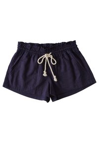 Shorts décontractés bleu marine avec taille élastique et cordon blanc, avec poches latérales et coupe ample.