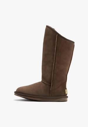 Braune Wildleder-Stiefel bis zum Knie mit abgerundeter Spitze, weicher Innenauskleidung, genähten Nähten und einem metallischen Markenakzent an der Ferse.