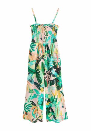 Ärmelloser Jumpsuit mit weitem Bein und gerafftem Oberteil, mit einem bunten tropischen Muster aus Blättern und Blumen auf hellem Hintergrund.