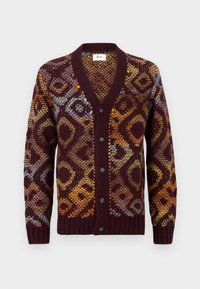 Πλεκτόcardigan σε μπορντώ με περίπλοκο σχέδιο σε κίτρινο, πορτοκαλί και μπλε χρώμα. Διαθέτει V-λαιμόκοψη και έξι μαύρα κουμπιά.