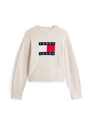Cream-colored cropped sweater with ribbed sleeves; features a central navy, white, and red embroidered logo "TOMMY JEANS."