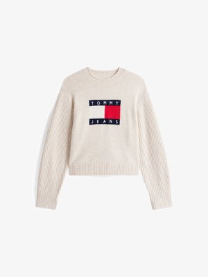 Pull cropped couleur crème avec des manches côtelées ; présente un logo central brodé "TOMMY JEANS" en bleu marine, blanc et rouge.