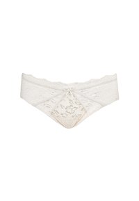 Weiße Spitzenpanties mit gewelltem Taillenbund, filigranem Blumenmuster und einer kleinen Schleifendetail in der Mitte.