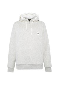 Light gray hoodie made of soft fabric, featuring a front pocket, adjustable drawstrings, and a small logo on the chest.