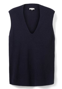 Gilet sans manches en maille bleu marine avec un col en V profond, taille moyenne, texture lisse et une petite étiquette blanche de la marque à l'intérieur du col.