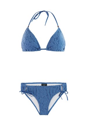 Blau strukturiertes florales Bikini-Set mit dreieckigem Neckholder-Top und tief sitzender Hose mit seitlichen Bindebändern.