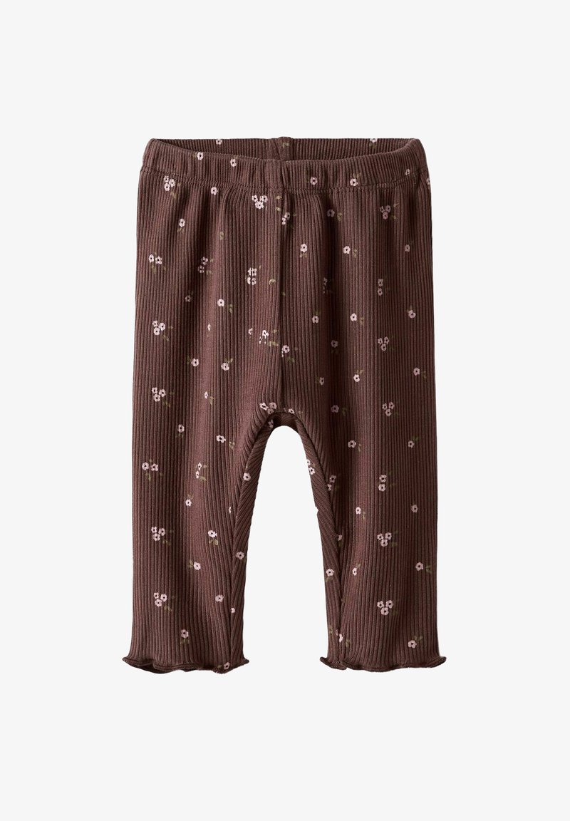 Brązowe, prążkowane legginsy z kwiatowym wzorem w różu i zieleni. Mają miękką teksturę i falbanę przy kostkach. Elastyczny pasek w talii.