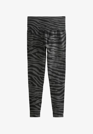 Leggings neri e grigi con motivo a strisce di tigre, realizzati in materiale morbido e elastico con una ampia cintura elastica.
