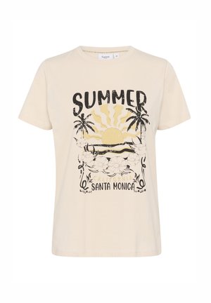Krēmveida kokvilnas T-krekls ar grafiku, kurā attēlota vārda "VASARA" grafika, palmu koki, saule, viļņi un ziedi melnā un dzeltenā krāsā.