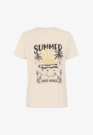 Krémové bavlněné tričko s grafickým potiskem slova "LÉTO", palmy, slunce, vlny a květiny v černé a žluté.