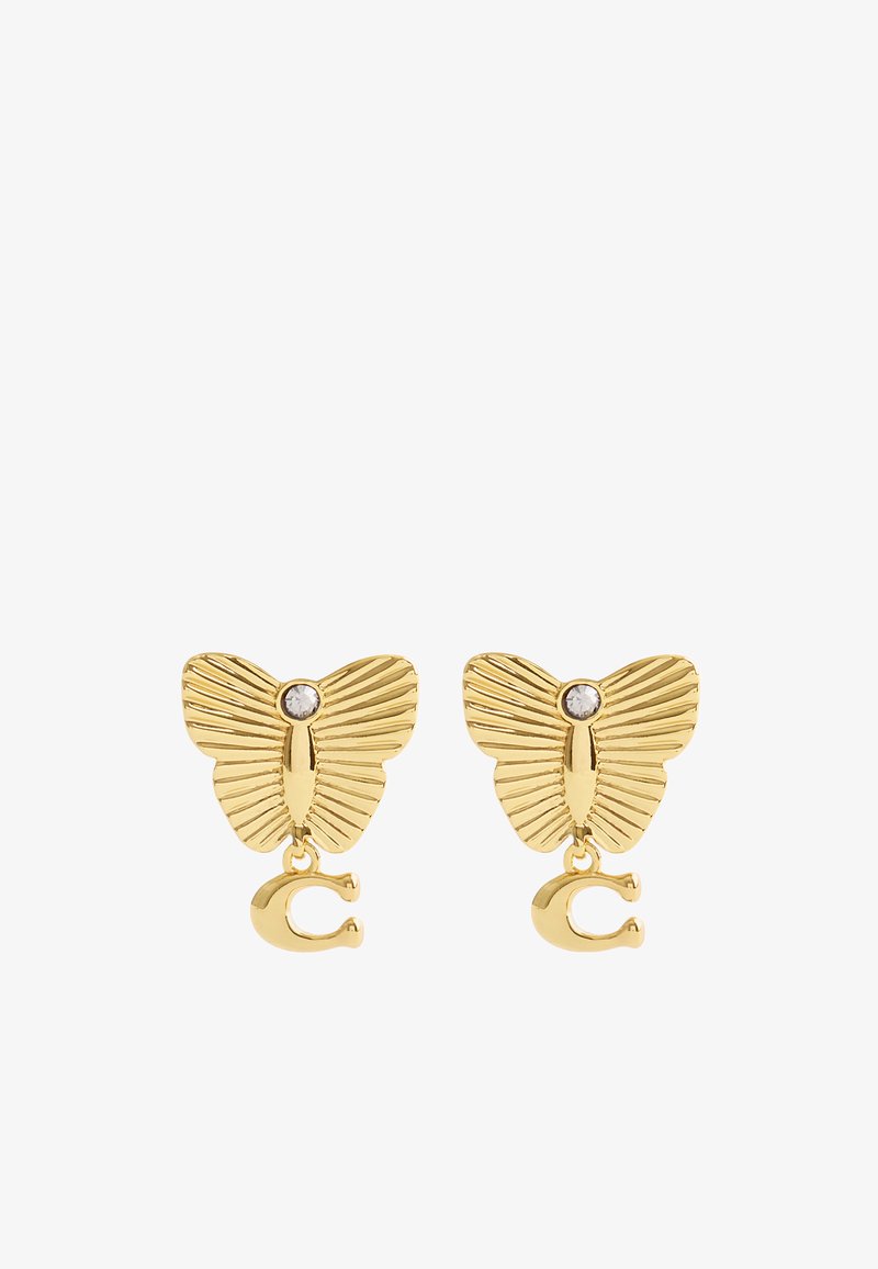 Gold butterfly earrings with textured wings, featuring a clear stone at the center and a small gold 'C' charm below.
