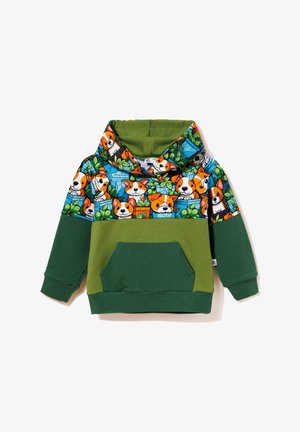 Bluza z kapturem z żywym nadrukiem psa na górnej części i jednolitą zieloną dolną sekcją. Materiał bawełniany, kieszeń z przodu, ściągacze przy mankietach.