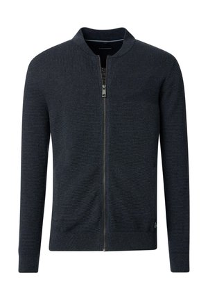 Dark navy zip-up cardigan made of textured knit material, featuring a stand-up collar and ribbed cuffs. Front zipper closure and side pockets.