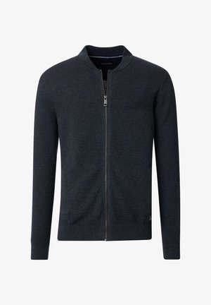 Dunkelblaues Zip-Up-Cardigan aus strukturiertem Strickmaterial, mit Stehkragen und gerippten Bündchen. Mit einem durchgehenden Reißverschluss und seitlichen Taschen.
