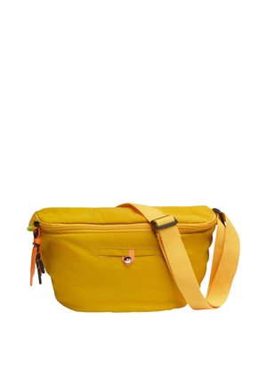 Sac bandoulière jaune avec sangle réglable, poche avant zippée et compartiment principal zippé avec tirettes.