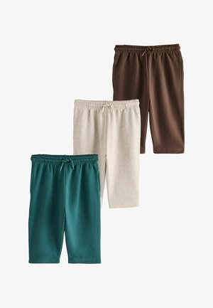 Tre par knælange shorts med elastisk talje i farverne brun, lys beige og mørk blågrøn, arrangeret vertikalt på en hvid baggrund.