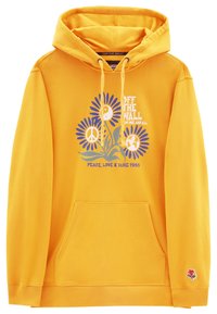 Yellow hoodie with drawstring, kangaroo pocket, and graphic design featuring flowers and peace symbols in blue and white. Accented sleeve logo.