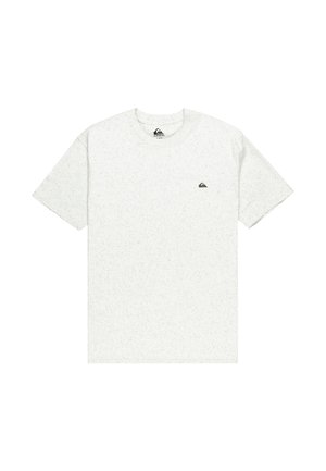 Weißes T-Shirt mit kurzen Ärmeln, meliertem Textur und einem kleinen braunen Logo auf der linken Brust. Rundhalsausschnitt, lässige Passform.