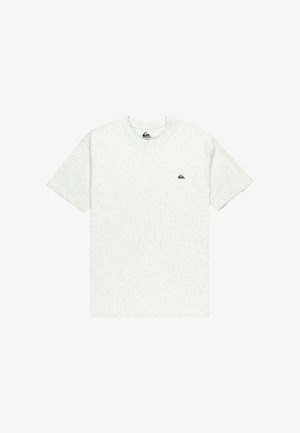 White short-sleeve t-shirt with a speckled texture and a small brown logo on the left chest area. Crew neckline, casual fit.