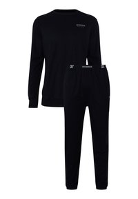 Top nero a maniche lunghe e pantaloni abbinati in morbido cotone. Presentano polsini a coste, vita elasticizzata e logo del marchio su entrambi i capi.