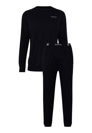 Czarny top z długim rękawem i dopasowane spodnie z miękkiej bawełny. Charakteryzują się prążkowanymi ściągaczami, elastycznym pasem oraz logo marki na obu elementach.