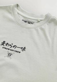 Lys grå bomulds T-shirt med et sort trykt design, som viser japansk tekst samt et kraniet og korslagte knogler logo. Rund halsudskæring.