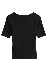 Musta, lyhythihainen paita pyöreällä pääntiellä, tehty sileästä, joustavasta kankaasta. Selkäosa on yksivärinen ilman koristeita tai kuvioita.