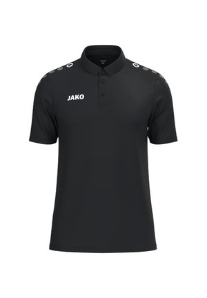 Polo nera a maniche corte con colletto, tre bottoni, logo JAKO bianco sul petto sinistro e puntini bianchi sulle fascette delle spalle.