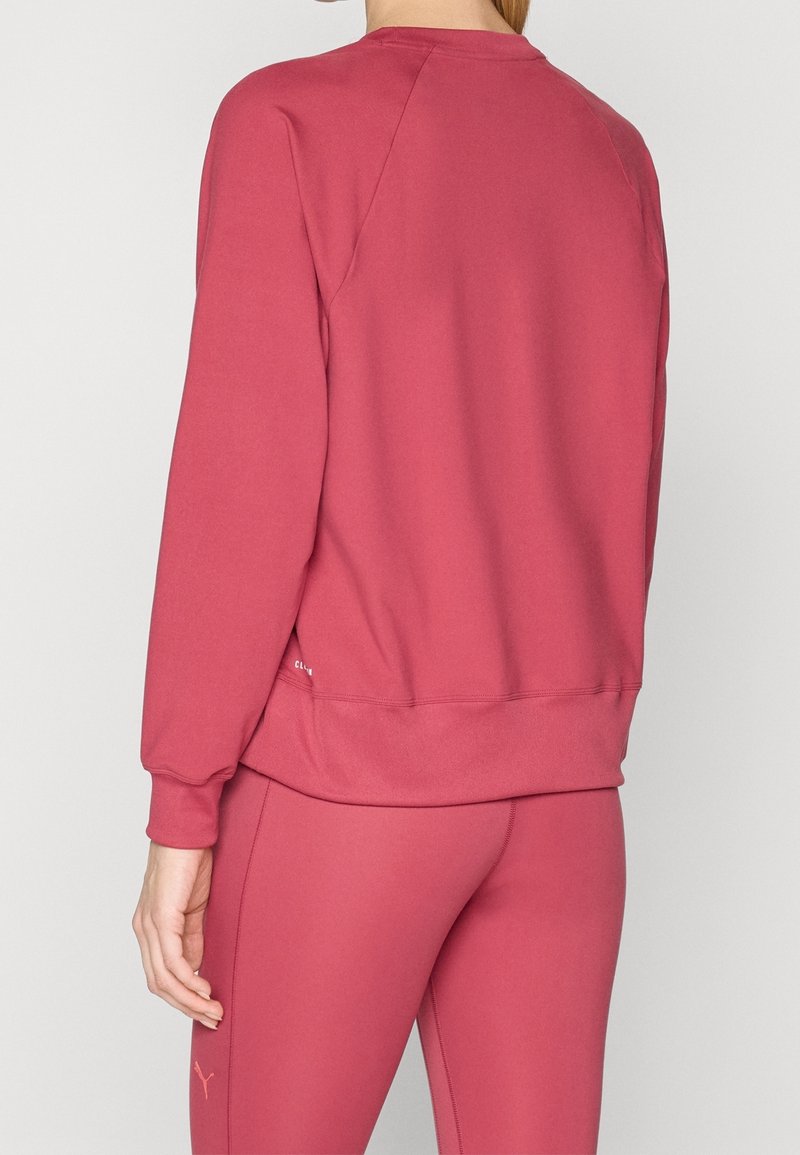 Femme portant un sweat-shirt à manches longues assorti et un legging moulant couleur rose poudré, vue de dos, debout devant un fond clair uni.