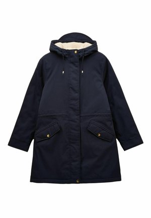 Navy blue parka coat with a hood, featuring a soft interior lining, two flapped pockets, and silver hardware accents.