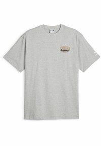 Grijze T-shirt met korte mouwen, gemaakt van katoen, met een ronde halslijn. Bevat een klein logo in beige en zwart op de borst en merking op de mouw.