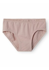 Sous-vêtements en coton rose clair avec une taille élastique et un délicat bord en dentelle. Présente un design simple et une texture douce et lisse.