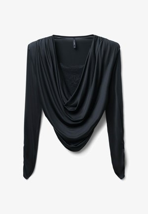Schwarzes Langarmoberteil mit drapiertem Vorderteil und Spitzeinsatz. Hergestellt aus glattem Stoff, mit lockerem Sitz und weicher Textur.