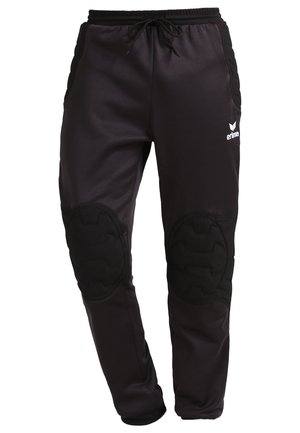 Schwarze Sporthosen aus glattem Stoff, mit gepolsterten Knieteilen, elastischem Bund mit Kordelzug und Logoakzent an der Seite.