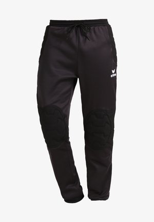 Schwarze Sporthosen aus glattem Stoff, mit gepolsterten Knieteilen, elastischem Bund mit Kordelzug und Logoakzent an der Seite.