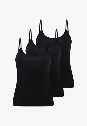 Trois caracos à bretelles spaghetti pour femmes noires, disposés en rangée décalée sur un fond blanc.