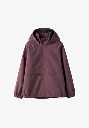 Jachetă impermeabilă mov cu glugă, fermoar frontal și manșete elastice, proiectată pentru uz exterior.