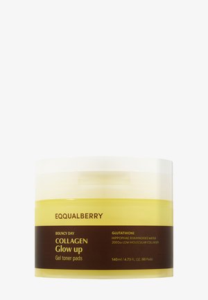 Contenitore di dischetti tonici in gel al collagene Bouncy Day Glow Up. Plastica gialla traslucida e rotonda con un coperchio bianco. L'etichetta presenta testo e dettagli in marrone.