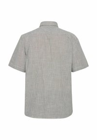 Kurzärmliges, kragenloses Hemd in Grau mit einem kleinen karierten Muster. Leichtes Material mit glatter Textur und entspannter Passform.