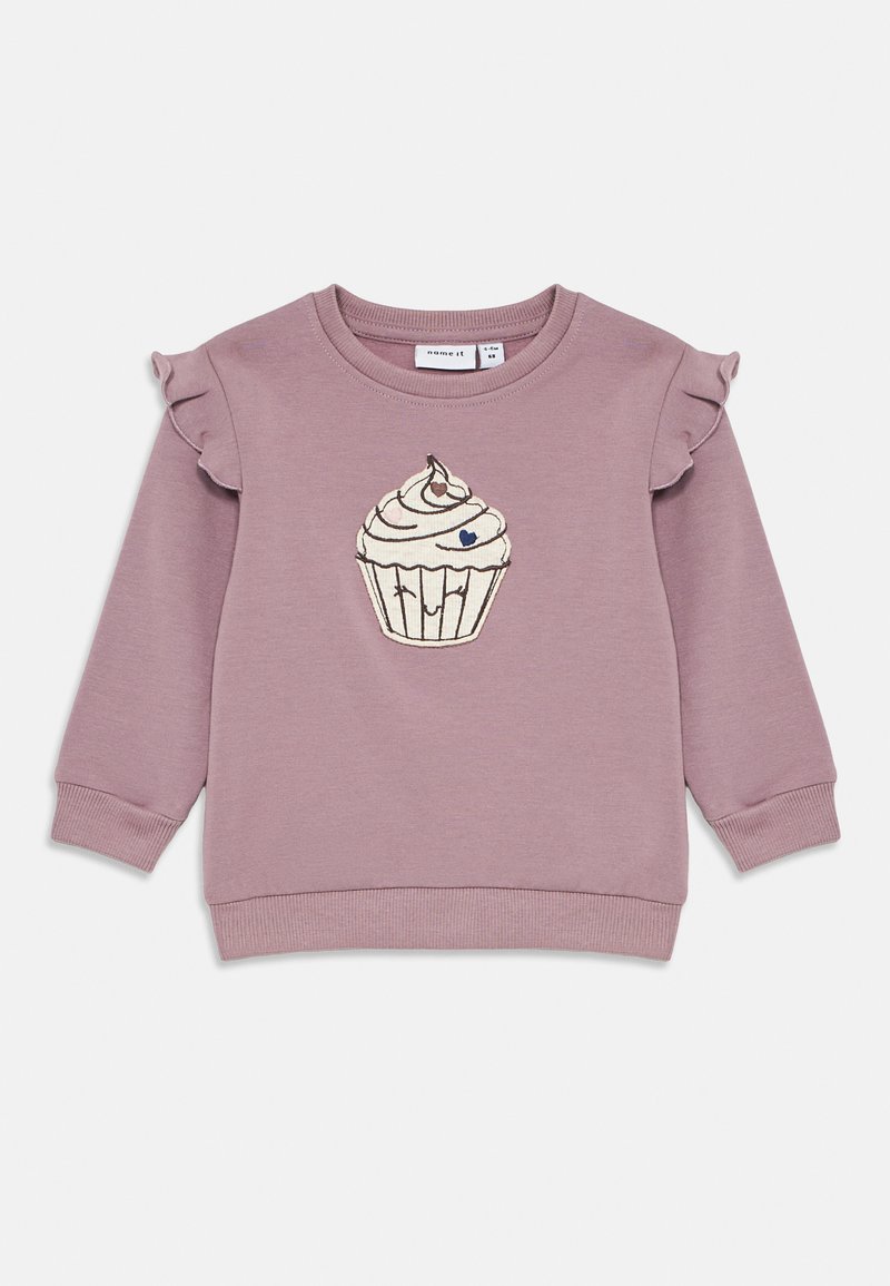 Felpa mauve per bambino con spalle arricciate e una grafica di un cupcake sorridente con una ciliegia sulla cima al centro.
