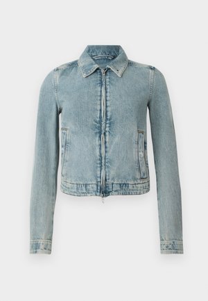 Lichtblauwe cropped denimjas met lange mouwen, een rits aan de voorkant, twee zijzakken en een klassieke kraag.