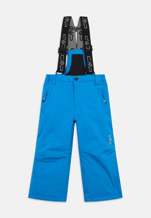 Heldere blauwe sneeuwbroek voor kinderen met verstelbare zwarte bretels en ritssluitingen aan de zijkanten, ontworpen voor koud weer.