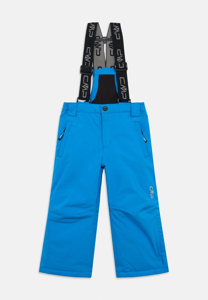 Svijetloplave dječje zimske hlače s podesivim crnim naramenicama i bočnim džepovima na zip, dizajnirane za hladno vrijeme.