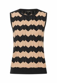 Gebreide mouwloze top met een zigzagpatroon in zwart en beige, met een geribde halslijn en zoom. Zachte textuur, getailleerd ontwerp.