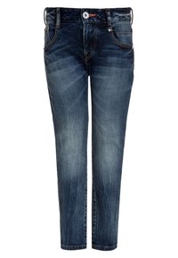 Jeans de mezclilla en un azul oscuro desvaído, con bolsillos frontales, trabillas para el cinturón y cierre de botón, mostrados de frente sobre un fondo blanco.