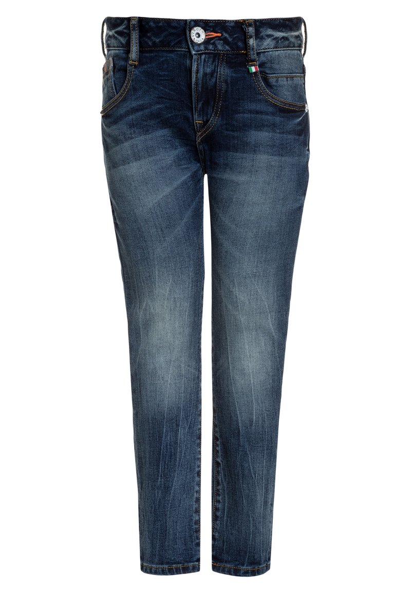 Jeans de mezclilla en un azul oscuro desvaído, con bolsillos frontales, trabillas para el cinturón y cierre de botón, mostrados de frente sobre un fondo blanco.