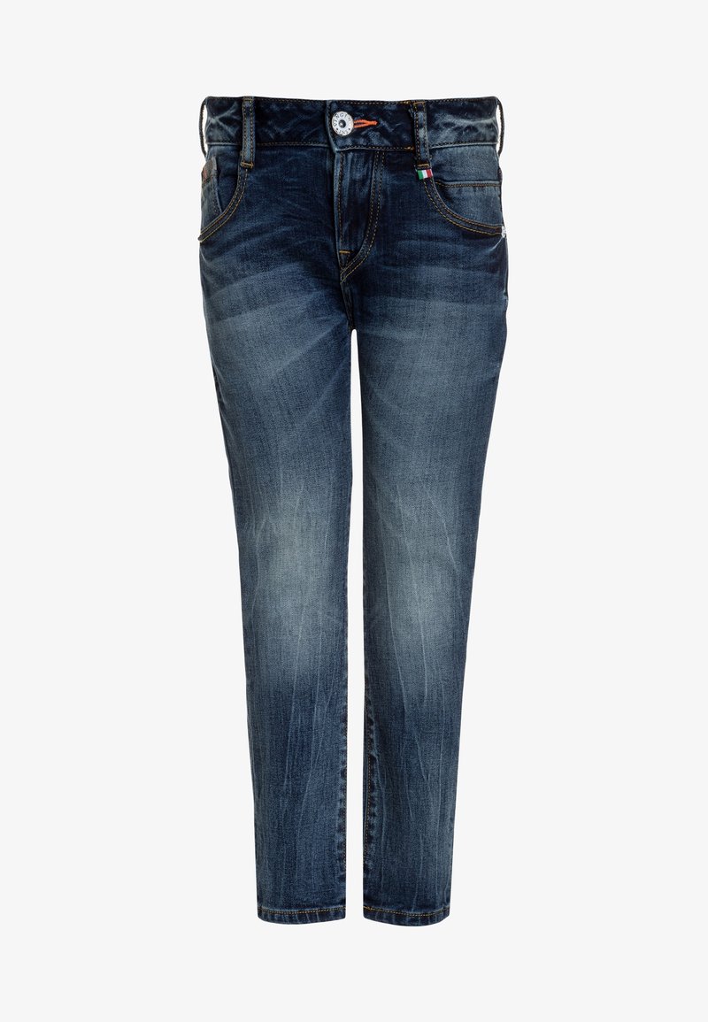 Jeans de mezclilla en un azul oscuro desvaído, con bolsillos frontales, trabillas para el cinturón y cierre de botón, mostrados de frente sobre un fondo blanco.