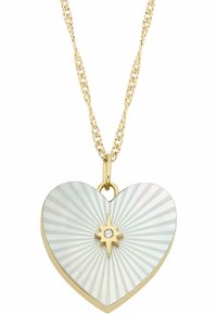 Gullkjedet har et hjerteformet anheng med lakkert perlemor-finish, strålende linjer og en sentral stjerneaccent med en diamant.