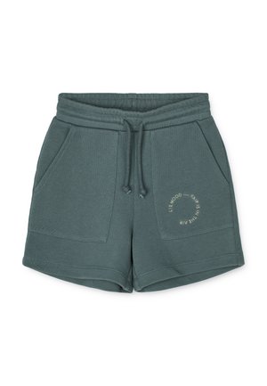 Short vert à cordon avec deux grandes poches à l'avant et un imprimé de texte circulaire sur la poche droite.